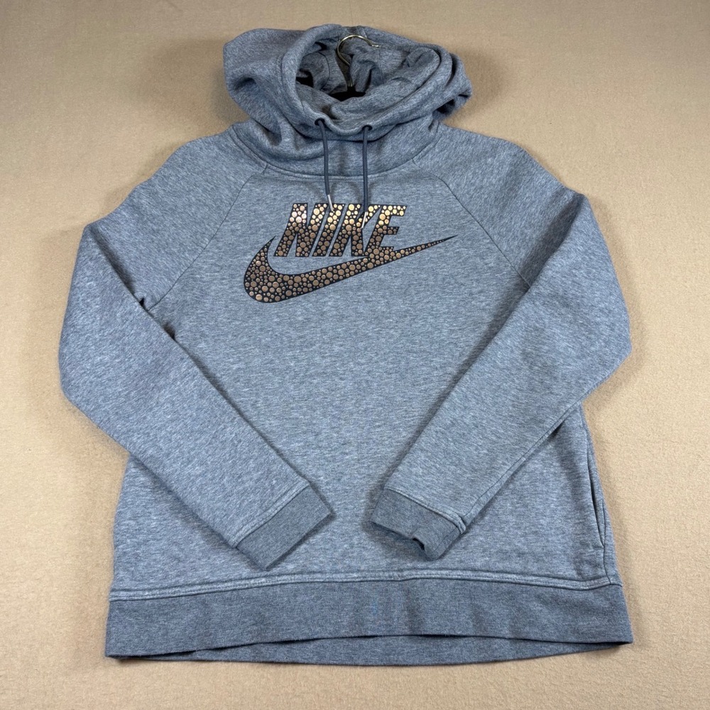 Nike Womens Rally Funnel Neck Hoodie Grey Gold Dot Swoosh 829634-091 Small
